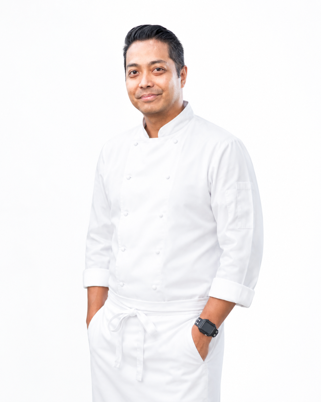 Studio portrait of Darell Moreno Ariola, Filipino-American chef, culinary artist, food sculptor, and mentor, wearing a white double-breasted chef coat and white apron against a clean white background.